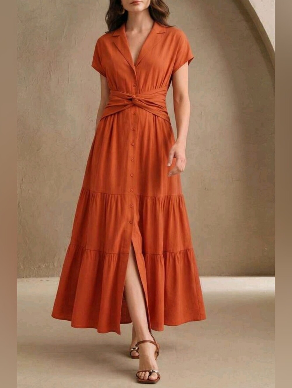 New Luxe Linen Blend Maxi Dress Short Sleeve Twist Waist Button Down Orange
